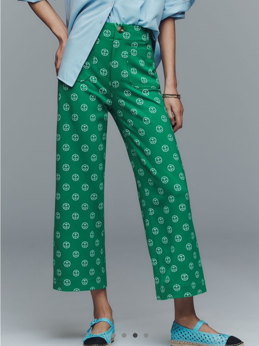 Maeve by anthropology Colette Green Anchor-Print Cropped Wide-Leg Pants size 26T